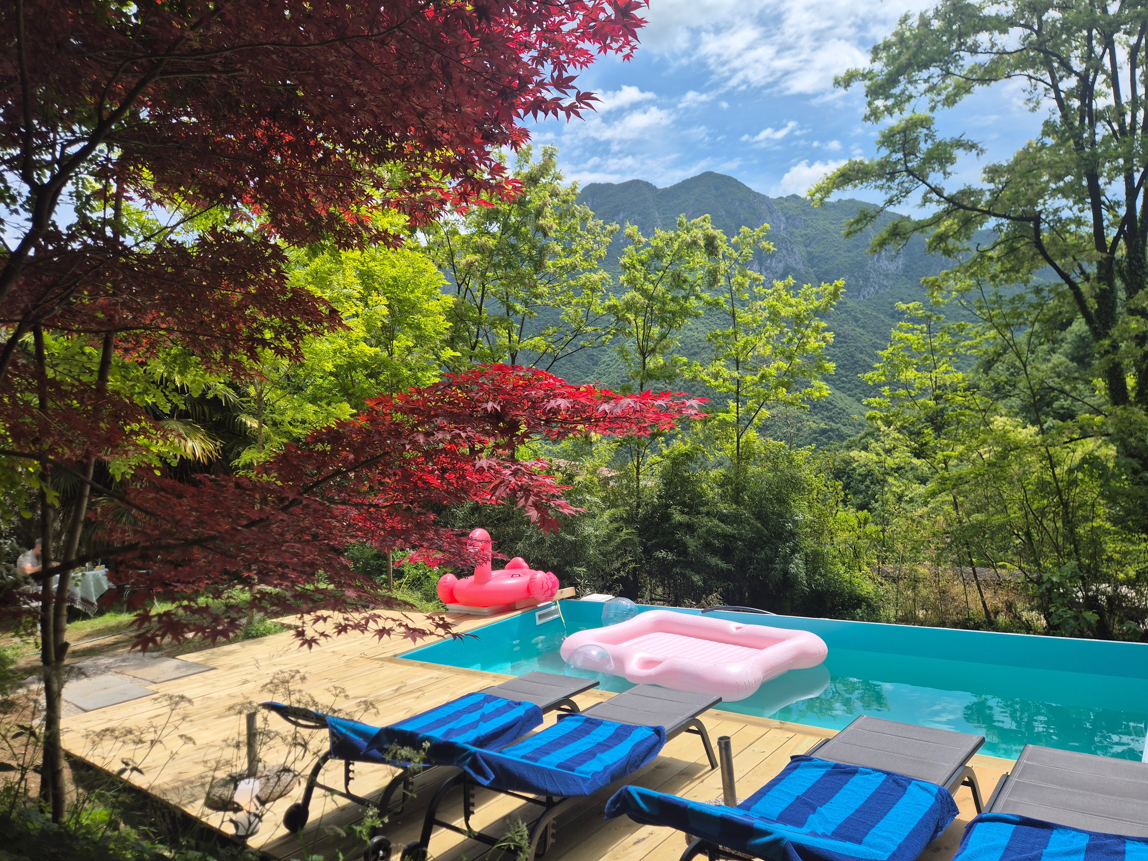 Infinity pool with sweeping mountain views, pool floats and forest surroundings